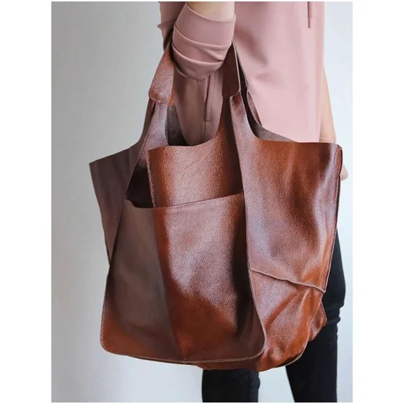 Luxe Vegan Leather Minimalist Oversized Tote Bag - Picture 3 of 12